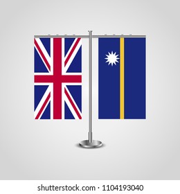Table stand with flags of United Kingdom and Nauru.Two flag. Flag pole. Symbolizing the cooperation between the two countries. Table flags