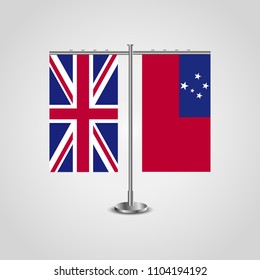 Table stand with flags of United Kingdom and Samoa.Two flag. Flag pole. Symbolizing the cooperation between the two countries. Table flags