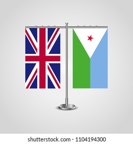 Table stand with flags of United Kingdom and Djibouti.Two flag. Flag pole. Symbolizing the cooperation between the two countries. Table flags