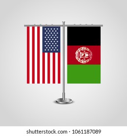 Table stand with flags of USA and Afghanistan.Two flag vector. flag pole.Symbolizing the cooperation between the two countries.Vector table flags