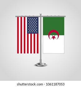 Table stand with flags of USA and Algeria.Two flag vector. flag pole.Symbolizing the cooperation between the two countries.Vector table flags