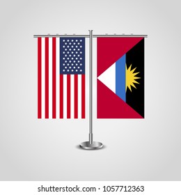 Table stand with flags of USA and Antigua and Barbuda.Two flag vector. flag pole.Symbolizing the cooperation between the two countries.Vector table flags