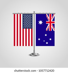 Table stand with flags of USA and Australia.Two flag vector. flag pole.Symbolizing the cooperation between the two countries.Vector table flags