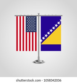 Table stand with flags of USA and Bosnia and Herzegovina.Two flag vector. flag pole.Symbolizing the cooperation between the two countries.Vector table flags