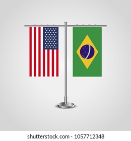 Table stand with flags of USA and Brazil.Two flag vector. flag pole.Symbolizing the cooperation between the two countries.Vector table flags