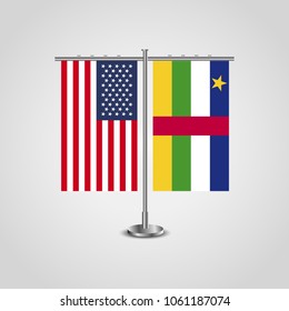 Table stand with flags of USA and Central African Republic.Two flag vector. flag pole.Symbolizing the cooperation between the two countries.Vector table flags