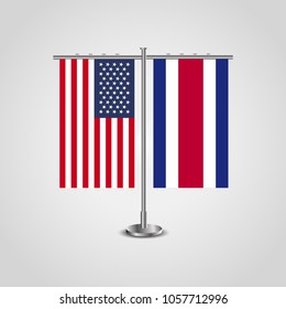 Table stand with flags of USA and Costa Rica.Two flag vector. flag pole.Symbolizing the cooperation between the two countries.Vector table flags