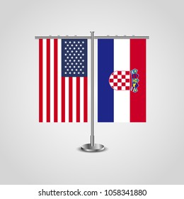 Table stand with flags of USA and Croatia.Two flag vector. flag pole.Symbolizing the cooperation between the two countries.Vector table flags