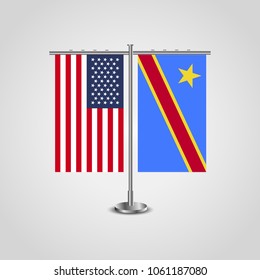 Table stand with flags of USA and Democratic Republic of the Congo.Two flag vector. flag pole.Symbolizing the cooperation between the two countries.Vector table flags