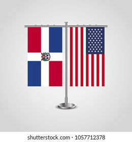 Table stand with flags of USA and Dominican Republic.Two flag vector. flag pole.Symbolizing the cooperation between the two countries.Vector table flags