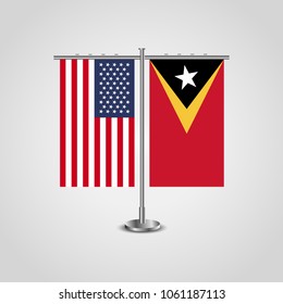 Table stand with flags of USA and East Timor.Two flag vector. flag pole.Symbolizing the cooperation between the two countries.Vector table flags