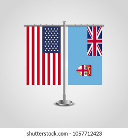 Table stand with flags of USA and Fiji.Two flag vector. flag pole.Symbolizing the cooperation between the two countries.Vector table flags