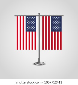 Table stand with flags of USA and USA.Two flag vector. flag pole.Symbolizing the cooperation between the two countries.Vector table flags