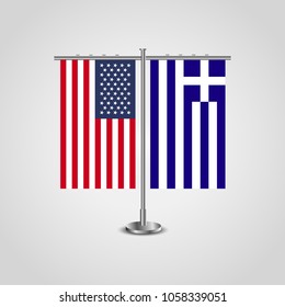 Table stand with flags of USA and Greece.Two flag vector. flag pole.Symbolizing the cooperation between the two countries.Vector table flags