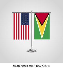 Table stand with flags of USA and Guyana.Two flag vector. flag pole.Symbolizing the cooperation between the two countries.Vector table flags