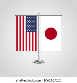 Table stand with flags of USA and Japan.Two flag vector. flag pole.Symbolizing the cooperation between the two countries.Vector table flags