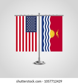 Table stand with flags of USA and Kiribati.Two flag vector. flag pole.Symbolizing the cooperation between the two countries.Vector table flags