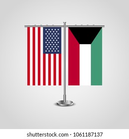 Table stand with flags of USA and Kuwait.Two flag vector. flag pole.Symbolizing the cooperation between the two countries.Vector table flags