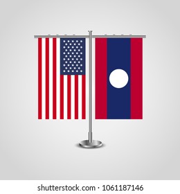 Table stand with flags of USA and Laos.Two flag vector. flag pole.Symbolizing the cooperation between the two countries.Vector table flags