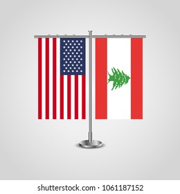 Table stand with flags of USA and Lebanon.Two flag vector. flag pole.Symbolizing the cooperation between the two countries.Vector table flags