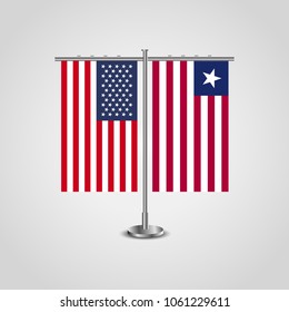 Table stand with flags of USA and Liberia.Two flag vector. flag pole.Symbolizing the cooperation between the two countries.Vector table flags