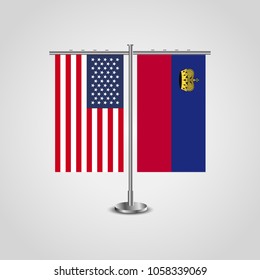 Table stand with flags of USA and Liechtenstein.Two flag vector. flag pole.Symbolizing the cooperation between the two countries.Vector table flags