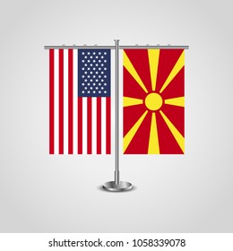 Table stand with flags of USA and Macedonia.Two flag vector. flag pole.Symbolizing the cooperation between the two countries.Vector table flags