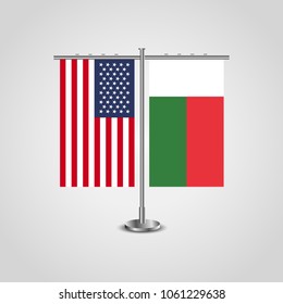 Table stand with flags of USA and Madagascar.Two flag vector. flag pole.Symbolizing the cooperation between the two countries.Vector table flags