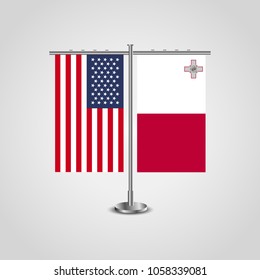 Table stand with flags of USA and Malta.Two flag vector. flag pole.Symbolizing the cooperation between the two countries.Vector table flags