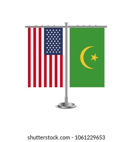 Table stand with flags of USA and Mauritania.Two flag vector. flag pole.Symbolizing the cooperation between the two countries.Vector table flags