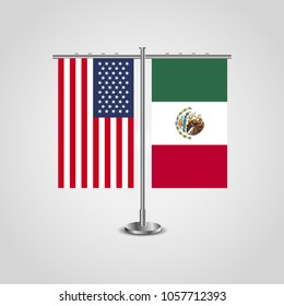 Table stand with flags of USA and Mexico.Two flag vector. flag pole.Symbolizing the cooperation between the two countries.Vector table flags