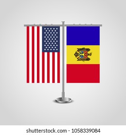 Table stand with flags of USA and Moldova.Two flag vector. flag pole.Symbolizing the cooperation between the two countries.Vector table flags