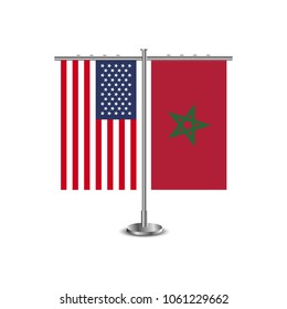 Table stand with flags of USA and Morocco.Two flag vector. flag pole.Symbolizing the cooperation between the two countries.Vector table flags