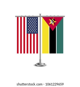Table stand with flags of USA and Mozambique.Two flag vector. flag pole.Symbolizing the cooperation between the two countries.Vector table flags