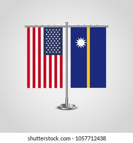 Table stand with flags of USA and Nauru.Two flag vector. flag pole.Symbolizing the cooperation between the two countries.Vector table flags
