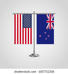 Table stand with flags of USA and New Zealand.Two flag vector. flag pole.Symbolizing the cooperation between the two countries.Vector table flags