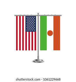 Table stand with flags of USA and Niger.Two flag vector. flag pole.Symbolizing the cooperation between the two countries.Vector table flags