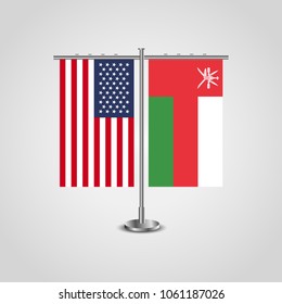 Table stand with flags of USA and Oman.Two flag vector. flag pole.Symbolizing the cooperation between the two countries.Vector table flags