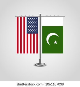 Table stand with flags of USA and Pakistan.Two flag vector. flag pole.Symbolizing the cooperation between the two countries.Vector table flags