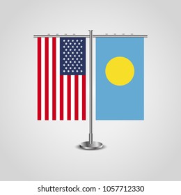 Table stand with flags of USA and Palau.Two flag vector. flag pole.Symbolizing the cooperation between the two countries.Vector table flags