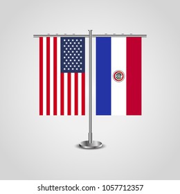 Table stand with flags of USA and Paraguay.Two flag vector. flag pole.Symbolizing the cooperation between the two countries.Vector table flags