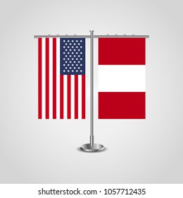 Table stand with flags of USA and Peru.Two flag vector. flag pole.Symbolizing the cooperation between the two countries.Vector table flags
