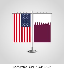 Table stand with flags of USA and Qatar.Two flag vector. flag pole.Symbolizing the cooperation between the two countries.Vector table flags