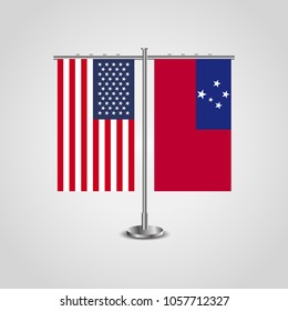 Table stand with flags of USA and Samoa.Two flag vector. flag pole.Symbolizing the cooperation between the two countries.Vector table flags