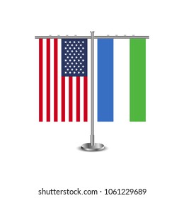 Table stand with flags of USA and Sierra Leone.Two flag vector. flag pole.Symbolizing the cooperation between the two countries.Vector table flags