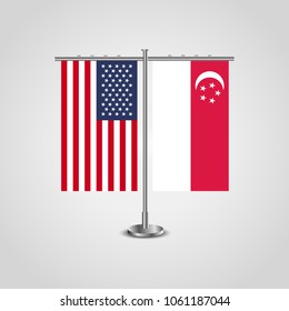 Table stand with flags of USA and Singapore.Two flag vector. flag pole.Symbolizing the cooperation between the two countries.Vector table flags
