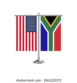 Table stand with flags of USA and South Africa.Two flag vector. flag pole.Symbolizing the cooperation between the two countries.Vector table flags