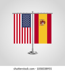 Table stand with flags of USA and Spain.Two flag vector. flag pole.Symbolizing the cooperation between the two countries.Vector table flags