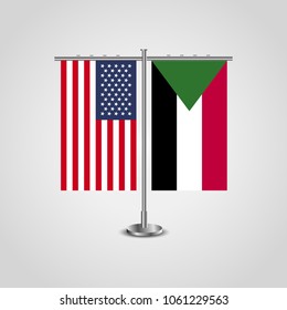 Table stand with flags of USA and Sudan.Two flag vector. flag pole.Symbolizing the cooperation between the two countries.Vector table flags