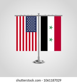 Table stand with flags of USA and Syria.Two flag vector. flag pole.Symbolizing the cooperation between the two countries.Vector table flags